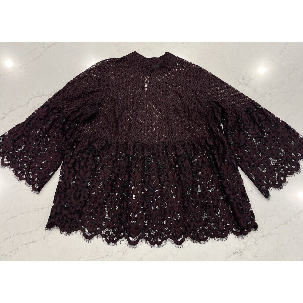 Lane Bryant Womens 24 Burgundy Black Crochet Lace Top High Neck Long Slv Goth